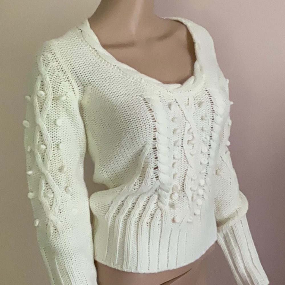 Moda International Cropped Cable Knit Sweater Ivory